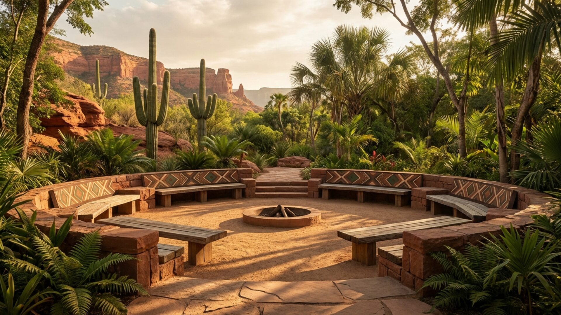 Outdoor gathering circle at a retreat property at golden hour