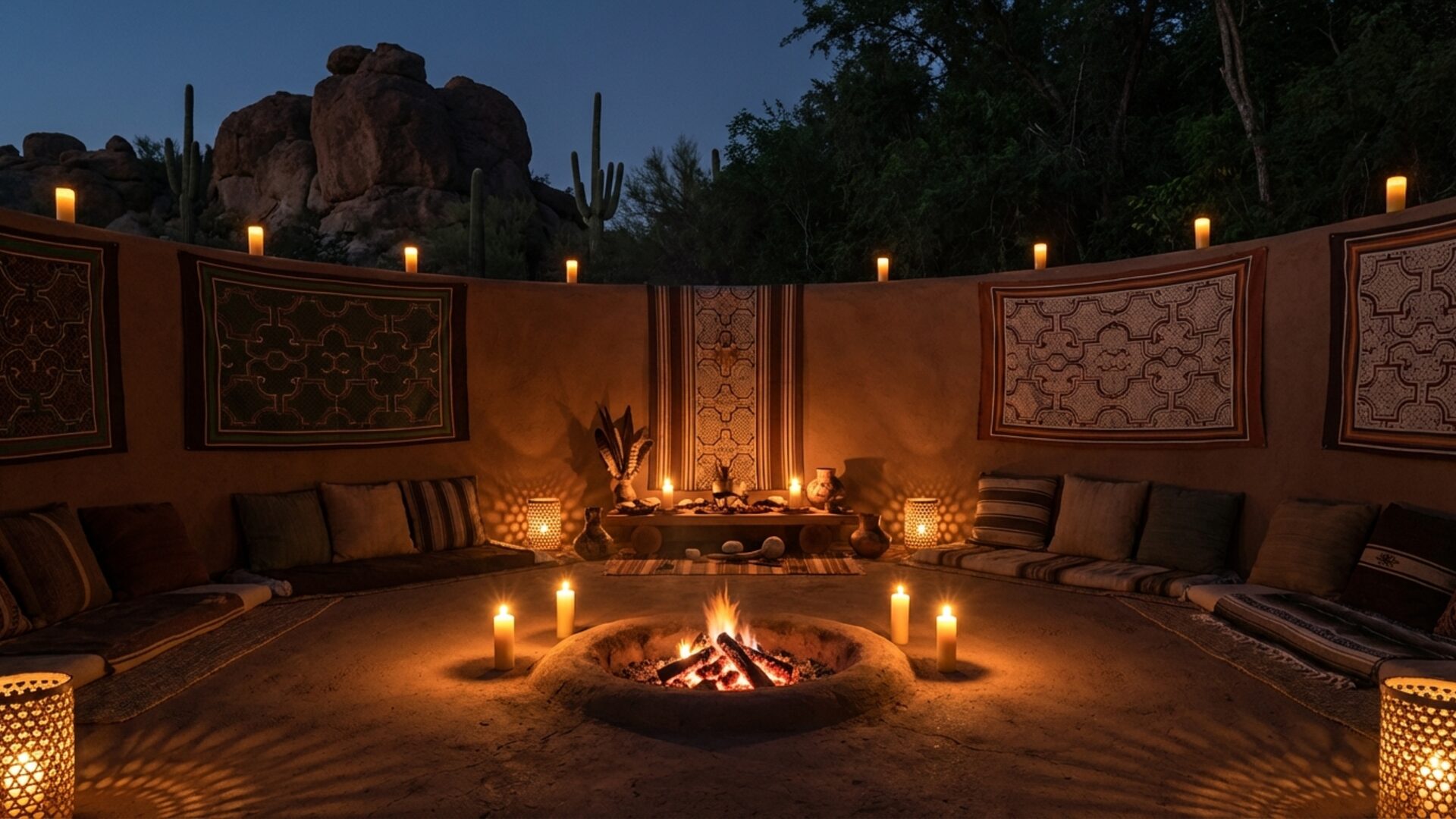 Interior of a ceremonial lodge at night lit by firelight and candles