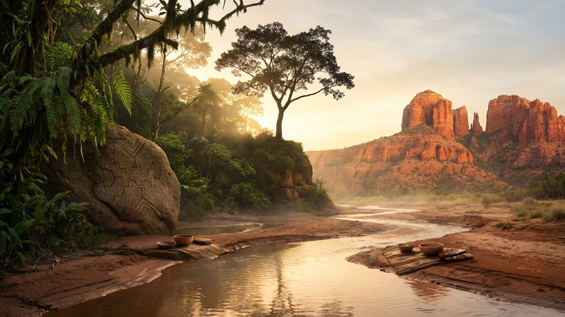 Desert and jungle landscapes blending together at dawn