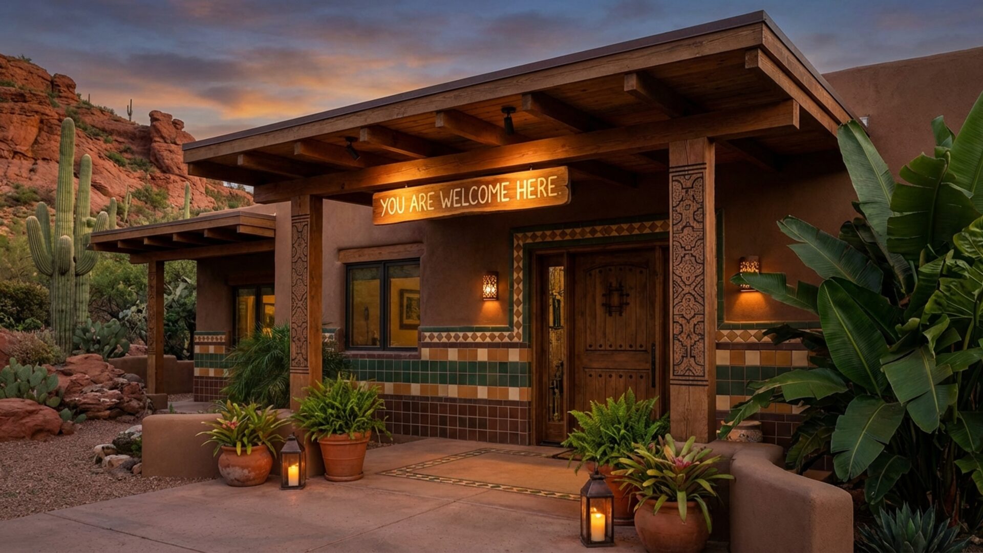 A welcoming building with a covered porch and tropical plants