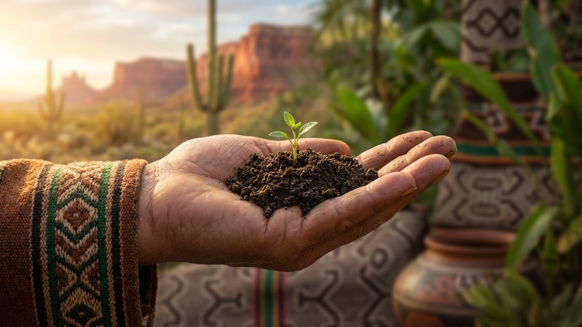 An open hand holding dark soil with a small green sprout