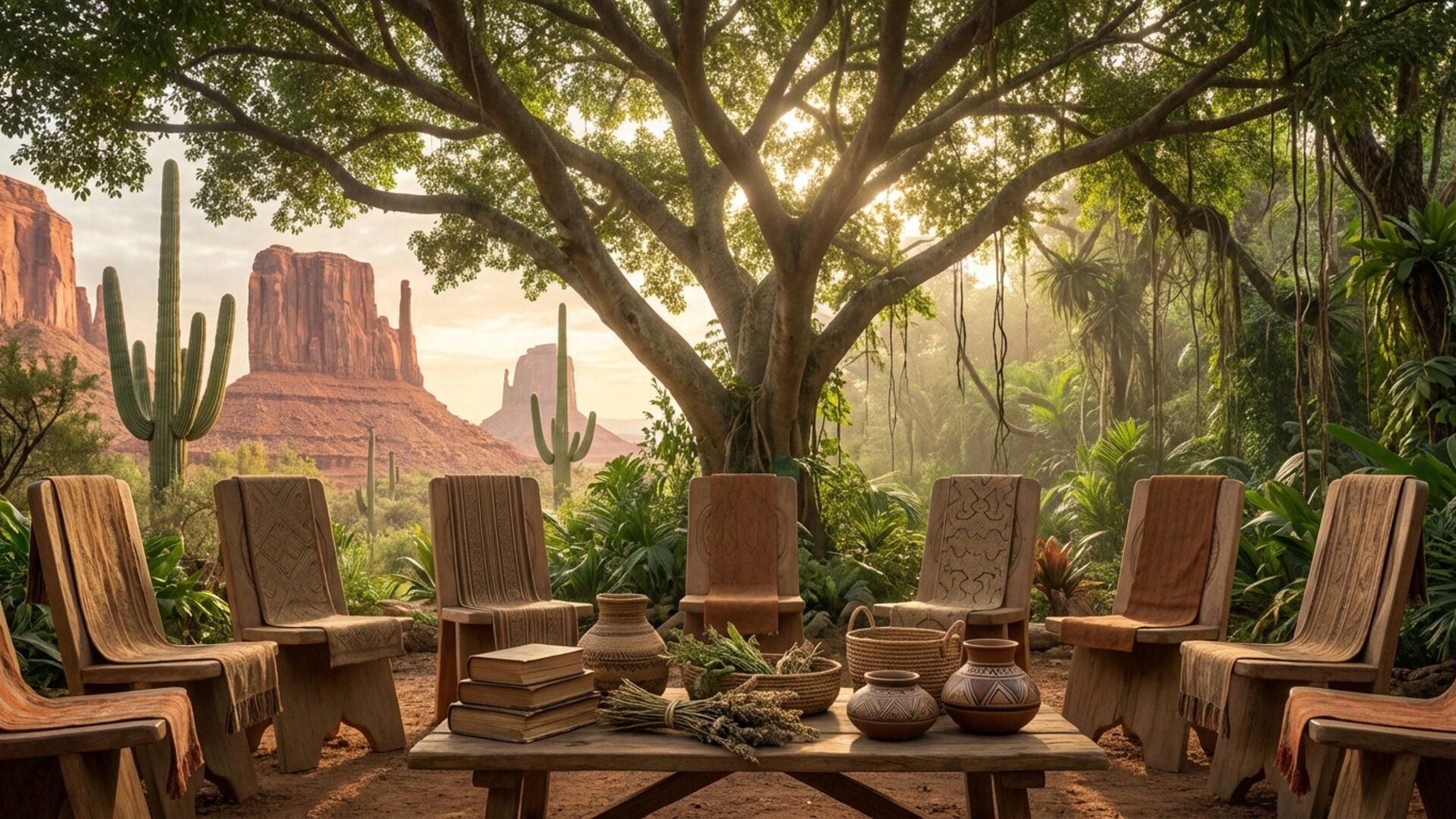 Outdoor classroom under a large tree with books and teaching materials