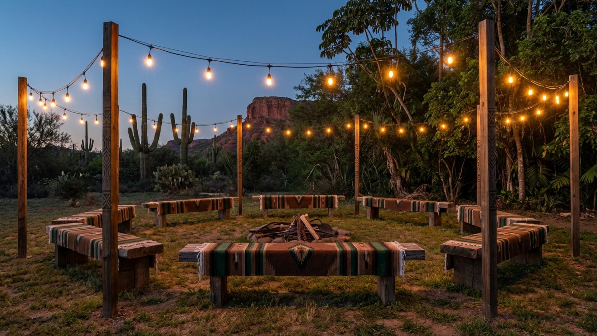 Community gathering space outdoors at dusk with string lights