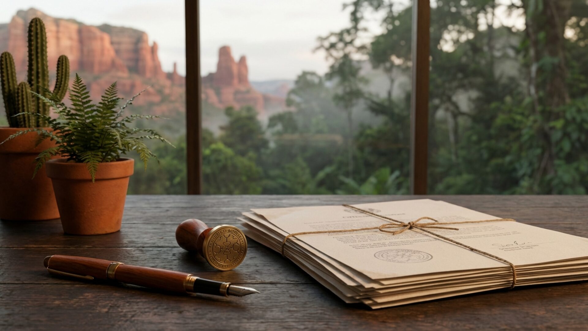 Official documents and a fountain pen on a wooden desk