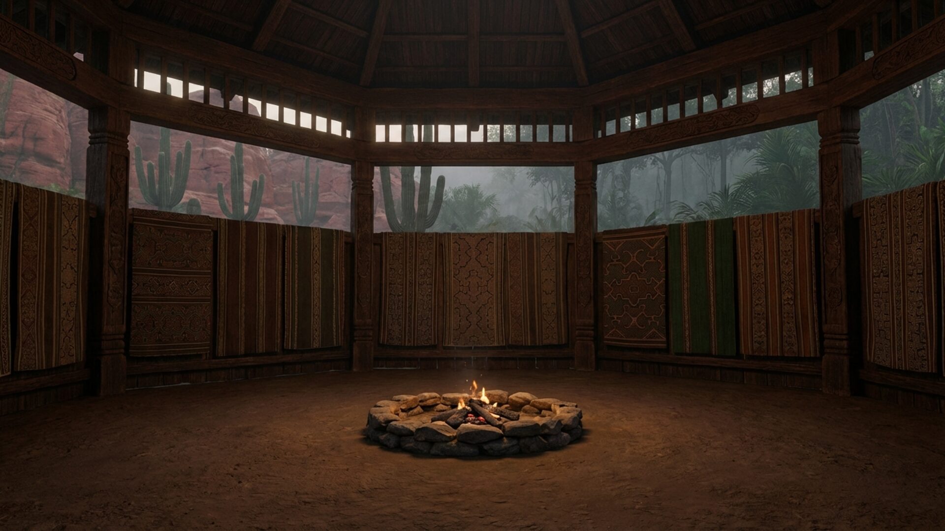 Interior of a ceremonial lodge with hand-carved posts and Shipibo textiles