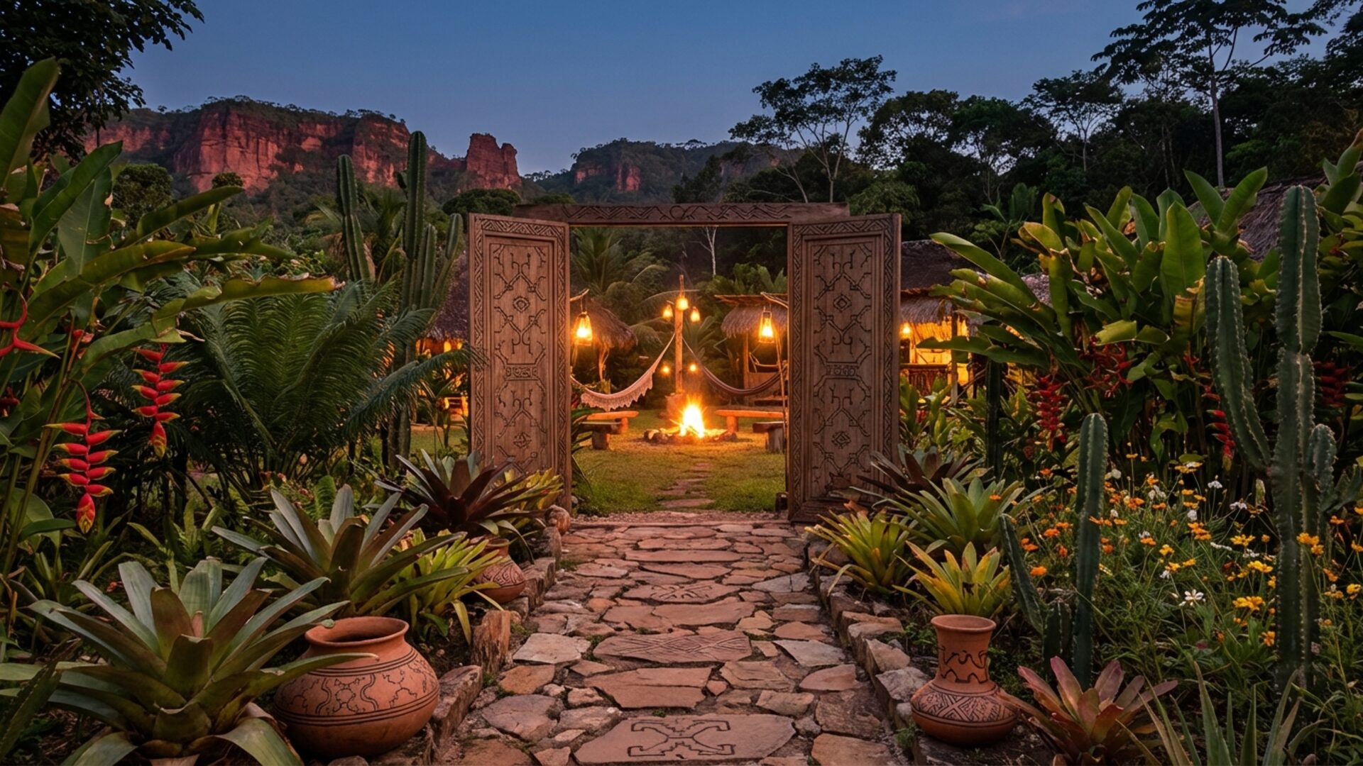 Stone path through a garden leading to an open wooden gate