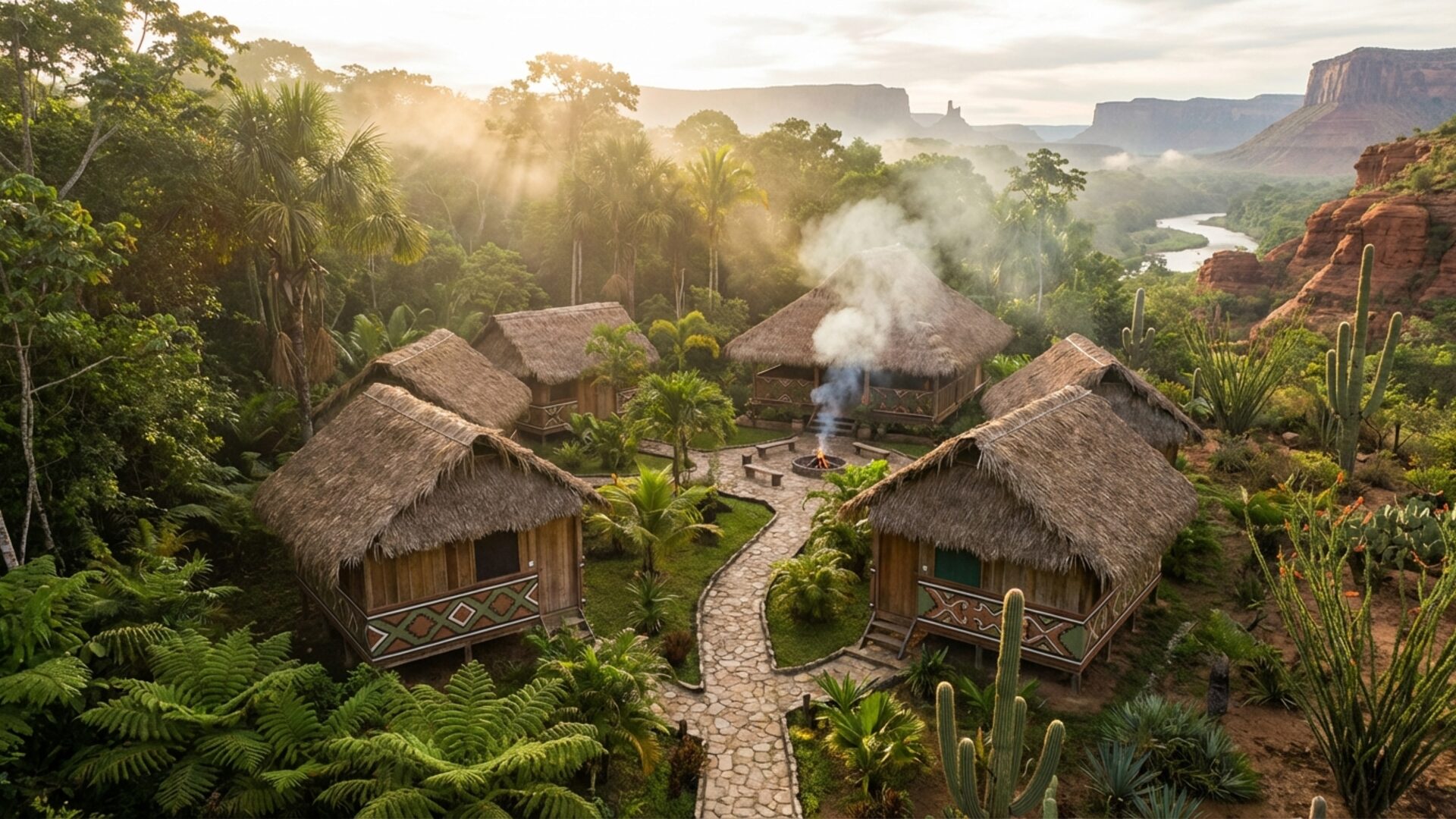 Aerial view of a retreat property with wooden buildings surrounded by vegetation
