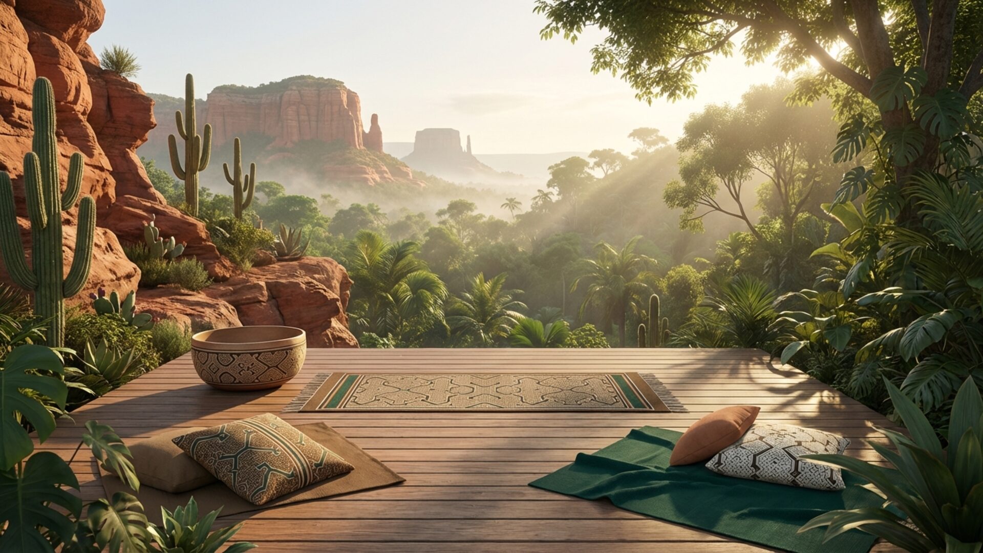 Outdoor wooden deck with yoga mats and meditation cushions at sunrise